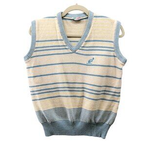 Vintage Sweater Vest Womens M Kangaroo Embroidered V-Neck Cream Blue Striped